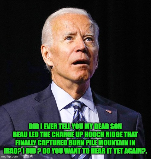 Joe Biden | DID I EVER TELL YOU MY DEAD SON BEAU LED THE CHARGE UP HOOCH RIDGE THAT FINALLY CAPTURED BURN PILE MOUNTAIN IN IRAQ? I DID ? DO YOU WANT TO  | image tagged in joe biden | made w/ Imgflip meme maker
