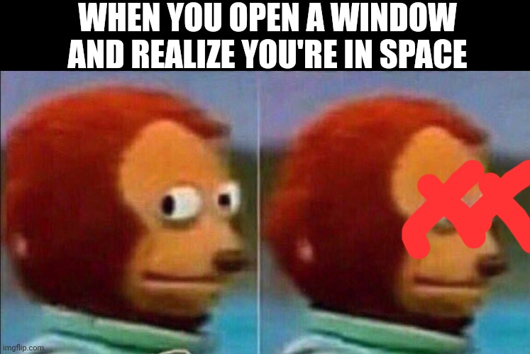 Monkey looking away | WHEN YOU OPEN A WINDOW AND REALIZE YOU'RE IN SPACE | image tagged in monkey looking away | made w/ Imgflip meme maker