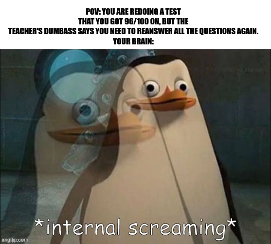Private Internal Screaming | POV: YOU ARE REDOING A TEST THAT YOU GOT 96/100 ON, BUT THE TEACHER'S DUMBASS SAYS YOU NEED TO REANSWER ALL THE QUESTIONS AGAIN.
YOUR BRAIN: | image tagged in private internal screaming,school suck,test failed | made w/ Imgflip meme maker