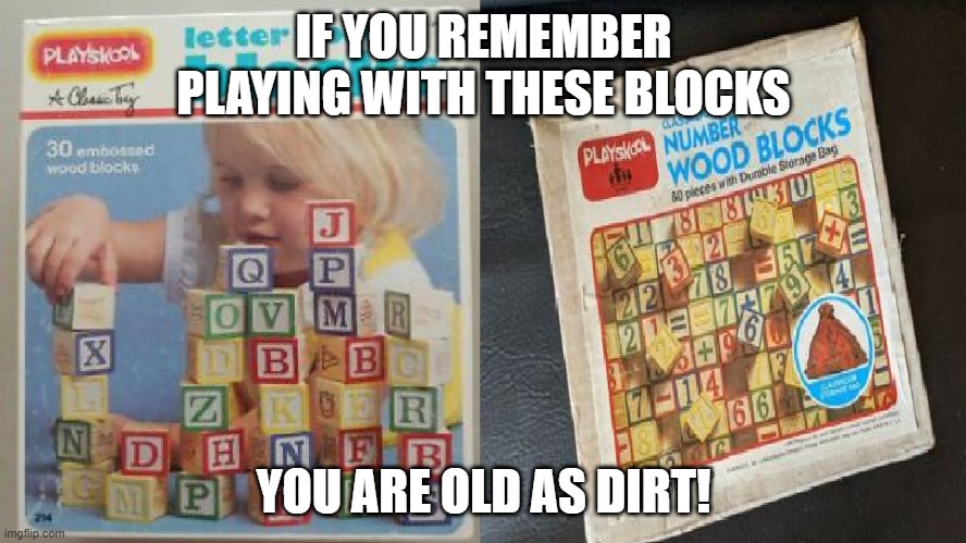 Blocks | IF YOU REMEMBER
PLAYING WITH THESE BLOCKS; YOU ARE OLD AS DIRT! | image tagged in blocks | made w/ Imgflip meme maker