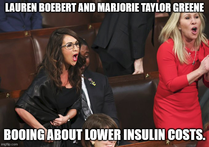 Awful people in congress | LAUREN BOEBERT AND MARJORIE TAYLOR GREENE; BOOING ABOUT LOWER INSULIN COSTS. | image tagged in lauren boebert,marjorie green,georgia,colorado | made w/ Imgflip meme maker