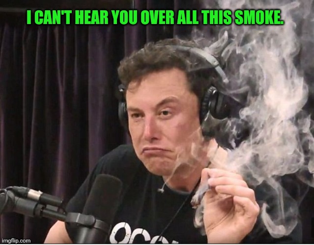 Elon Musk smoking a joint | I CAN'T HEAR YOU OVER ALL THIS SMOKE. | image tagged in elon musk smoking a joint | made w/ Imgflip meme maker