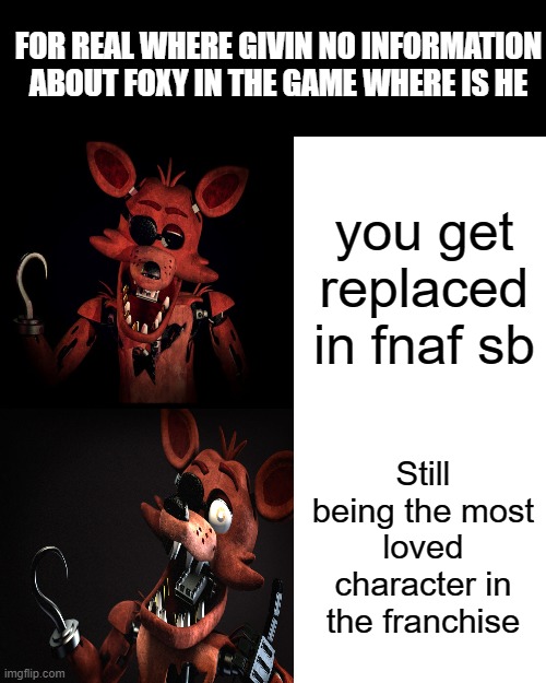 #bringbackfoxy | FOR REAL WHERE GIVIN NO INFORMATION ABOUT FOXY IN THE GAME WHERE IS HE; you get replaced in fnaf sb; Still being the most loved character in the franchise | image tagged in memes,drake hotline bling | made w/ Imgflip meme maker