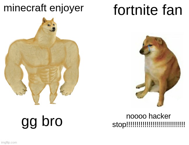 fortnite fans are 9 year olds | minecraft enjoyer; fortnite fan; gg bro; noooo hacker stop!!!!!!!!!!!!!!!!!!!!!!!!!!!!! | image tagged in memes,buff doge vs cheems | made w/ Imgflip meme maker