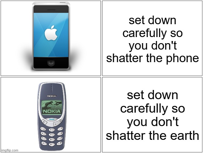 Big difference | set down carefully so you don't shatter the phone; set down carefully so you don't shatter the earth | image tagged in memes,blank comic panel 2x2 | made w/ Imgflip meme maker