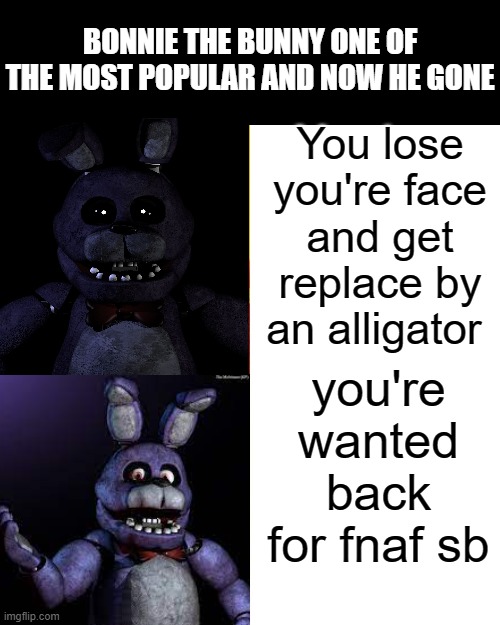 Drake Hotline Bling Meme | BONNIE THE BUNNY ONE OF THE MOST POPULAR AND NOW HE GONE; You lose you're face and get replace by an alligator; you're wanted back for fnaf sb | image tagged in memes,drake hotline bling | made w/ Imgflip meme maker