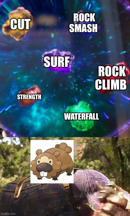 Bidoof is hm master not slave |  CUT; ROCK SMASH; SURF; ROCK CLIMB; STRENGTH; WATERFALL | image tagged in thanos infinity stones | made w/ Imgflip meme maker