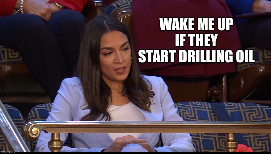 AOC GREEN NEW DEAL | WAKE ME UP IF THEY START DRILLING OIL | image tagged in aoc,green new deal,joe biden,sotu,gas,inflation | made w/ Imgflip meme maker