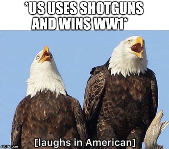 [laughs in American] | *US USES SHOTGUNS AND WINS WW1* | image tagged in laughs in american | made w/ Imgflip meme maker