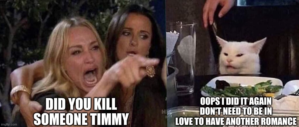 woman yelling at cat | DID YOU KILL SOMEONE TIMMY; OOPS I DID IT AGAIN DON'T NEED TO BE IN LOVE TO HAVE ANOTHER ROMANCE | image tagged in woman yelling at cat | made w/ Imgflip meme maker