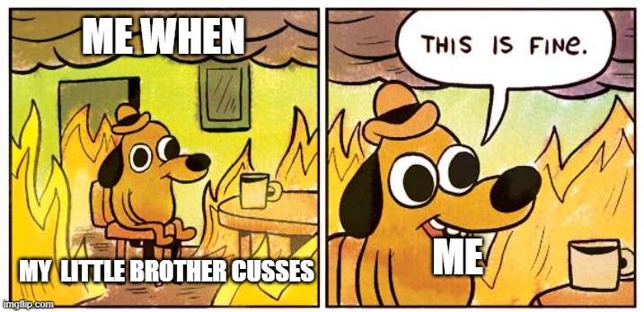 This Is Fine Meme | ME WHEN; ME; MY  LITTLE BROTHER CUSSES | image tagged in memes,this is fine | made w/ Imgflip meme maker