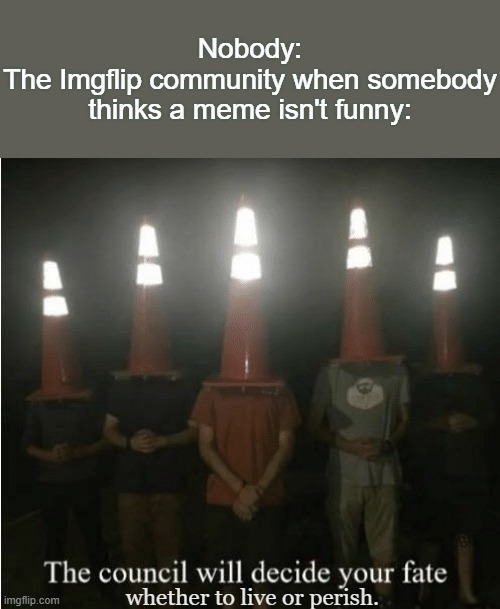Why is everyone on Imgflip like this? | Nobody:
The Imgflip community when somebody thinks a meme isn't funny:; whether to live or perish. | image tagged in the council will decide your fate,imgflip community,so true,low rated comment,not funny,in a nutshell | made w/ Imgflip meme maker