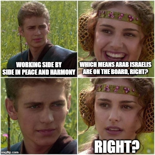 Anakin and Padme | WORKING SIDE BY SIDE IN PEACE AND HARMONY; WHICH MEANS ARAB ISRAELIS ARE ON THE BOARD, RIGHT? RIGHT? | image tagged in anakin and padme | made w/ Imgflip meme maker