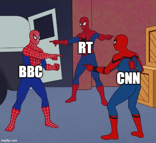 Spider Man Triple | BBC RT CNN | image tagged in spider man triple | made w/ Imgflip meme maker