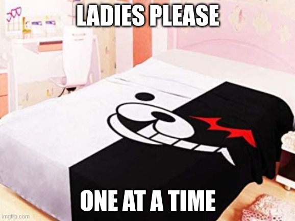 Danganronpa themed hotel room | LADIES PLEASE; ONE AT A TIME | image tagged in danganronpa themed hotel room | made w/ Imgflip meme maker