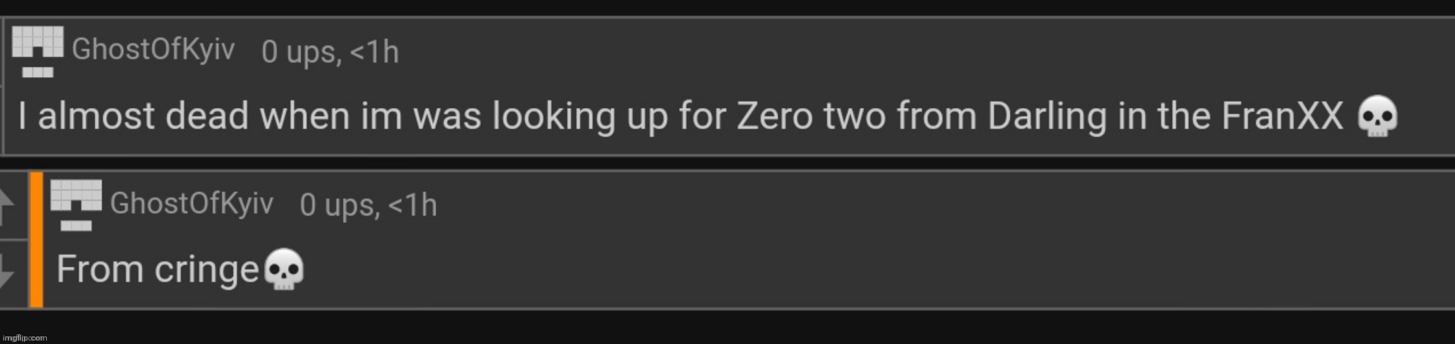 I almost died from cringe when I was looking up for Zero two | image tagged in i almost died from cringe when i was looking up for zero two | made w/ Imgflip meme maker