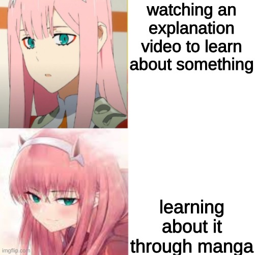 or anime too | watching an explanation video to learn about something; learning about it through manga | image tagged in zerotwo drake hotline bling | made w/ Imgflip meme maker