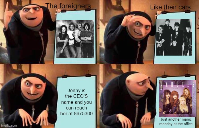 When you tell a 80s music fan to make a presentation on Toyota and its due on monday | The foreigners; Like their cars; Jenny is the CEO'S name and you can reach her at 8675309; Just another manic monday at the office | image tagged in memes,gru's plan | made w/ Imgflip meme maker