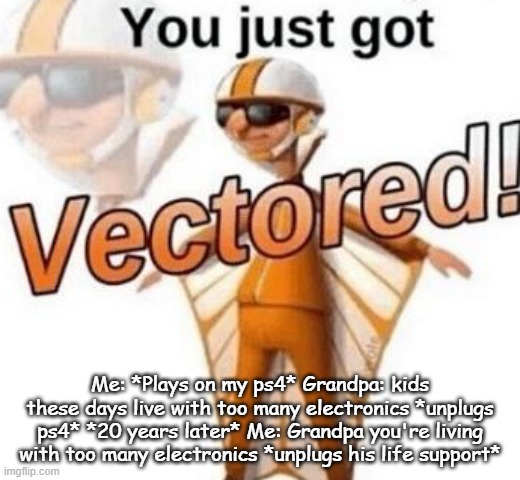 You just got vectored | Me: *Plays on my ps4* Grandpa: kids these days live with too many electronics *unplugs ps4* *20 years later* Me: Grandpa you're living with too many electronics *unplugs his life support* | image tagged in you just got vectored | made w/ Imgflip meme maker