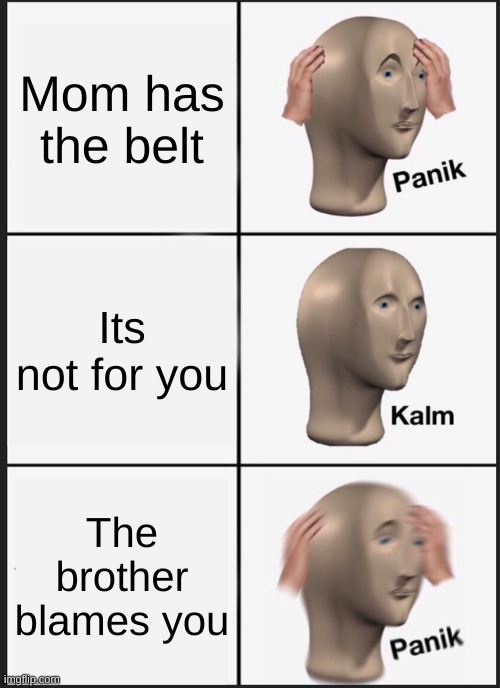 The truth | Mom has the belt; Its not for you; The brother blames you | image tagged in memes,panik kalm panik | made w/ Imgflip meme maker