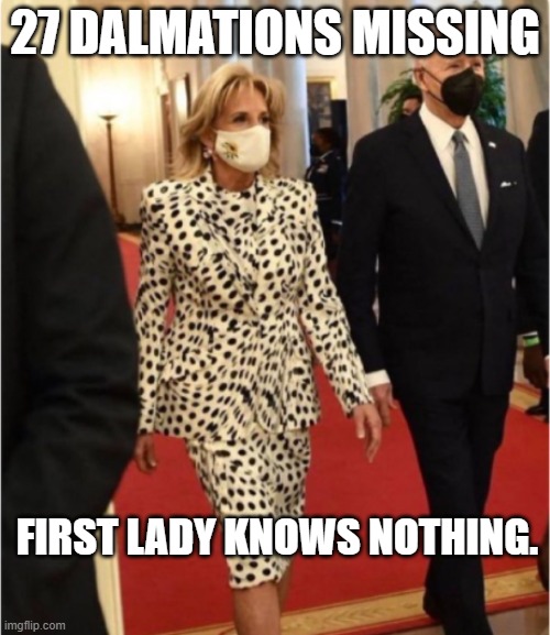 FLOTUS Knows Nothing | 27 DALMATIONS MISSING; FIRST LADY KNOWS NOTHING. | image tagged in flotus,dalmations | made w/ Imgflip meme maker
