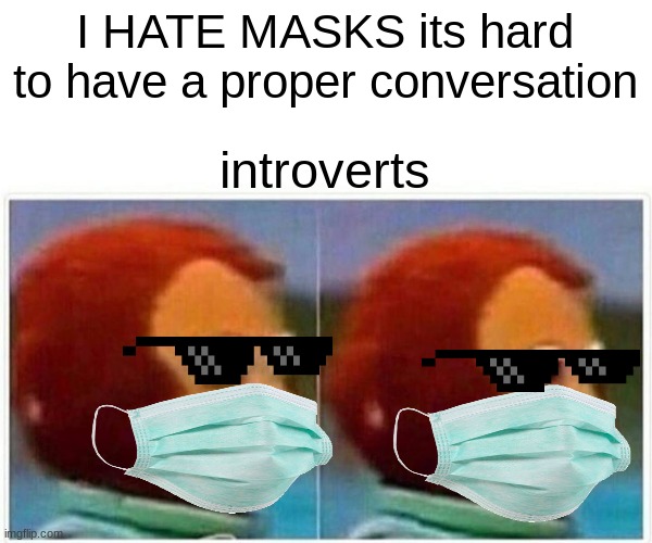 I HATE MASKS its hard to have a proper conversation introverts | image tagged in memes,monkey puppet | made w/ Imgflip meme maker