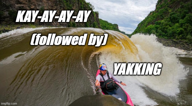 Kay-ay-ay-ay  YAKKING | KAY-AY-AY-AY; (followed by)                                                     
                                    YAKKING | image tagged in kayak,canoe,humor,satire,puns | made w/ Imgflip meme maker