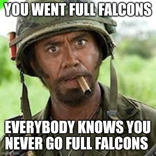 Never go full retard | YOU WENT FULL FALCONS; EVERYBODY KNOWS YOU NEVER GO FULL FALCONS | image tagged in never go full retard | made w/ Imgflip meme maker