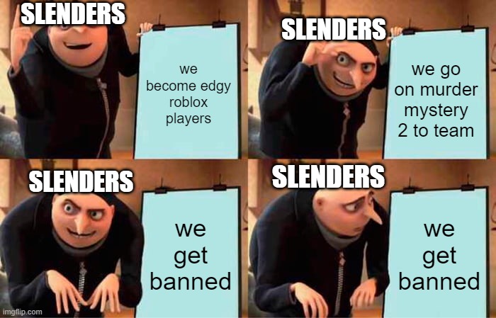 slenders be like | SLENDERS; SLENDERS; we become edgy roblox players; we go on murder mystery 2 to team; SLENDERS; SLENDERS; we get banned; we get banned | image tagged in memes,gru's plan | made w/ Imgflip meme maker