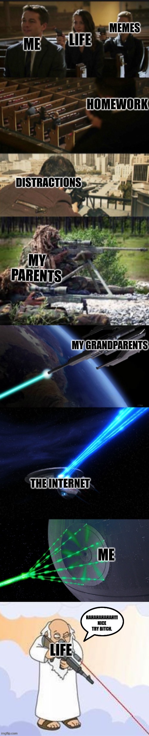 my life in a nutshell |  MEMES; LIFE; ME; HOMEWORK; DISTRACTIONS; MY PARENTS; MY GRANDPARENTS; THE INTERNET; ME; HAHAHAHAHAH!!!
NICE TRY BITCH. LIFE | image tagged in assassination chain with too many assassins,adhd,life sucks,life,my life,real life | made w/ Imgflip meme maker