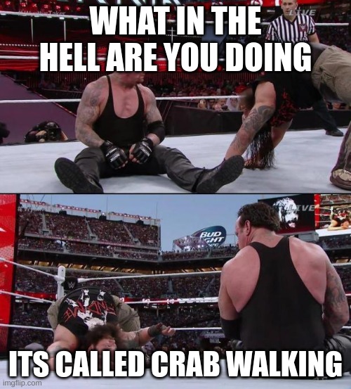 The Undertaker | WHAT IN THE HELL ARE YOU DOING; ITS CALLED CRAB WALKING | image tagged in the undertaker | made w/ Imgflip meme maker