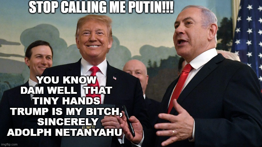 STOP CALLING ME PUTIN!!! YOU KNOW DAM WELL  THAT TINY HANDS TRUMP IS MY BITCH,  SINCERELY ADOLPH NETANYAHU | image tagged in maga,nazis,israel,crackers | made w/ Imgflip meme maker