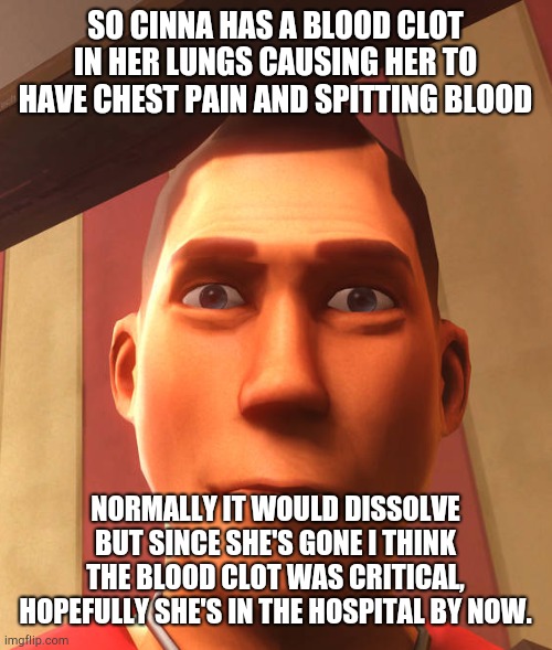 s | SO CINNA HAS A BLOOD CLOT IN HER LUNGS CAUSING HER TO HAVE CHEST PAIN AND SPITTING BLOOD; NORMALLY IT WOULD DISSOLVE BUT SINCE SHE'S GONE I THINK THE BLOOD CLOT WAS CRITICAL, HOPEFULLY SHE'S IN THE HOSPITAL BY NOW. | image tagged in s | made w/ Imgflip meme maker