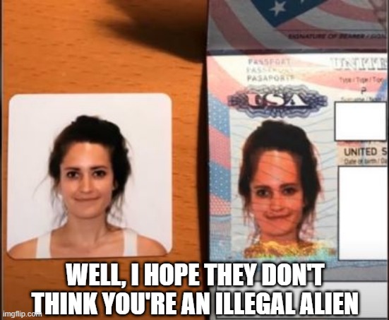 Pass on the Passport | WELL, I HOPE THEY DON'T THINK YOU'RE AN ILLEGAL ALIEN | image tagged in you had one job | made w/ Imgflip meme maker