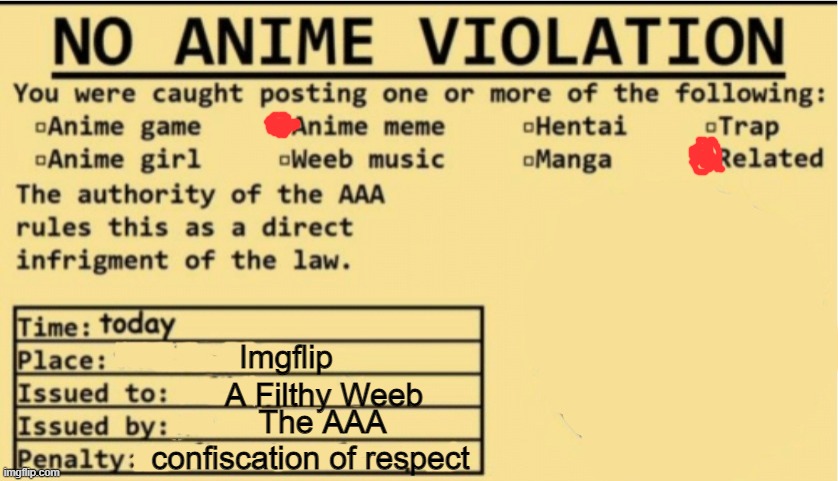 NO ANIME ALLOWED | Imgflip A Filthy Weeb The AAA confiscation of respect | image tagged in no anime allowed | made w/ Imgflip meme maker