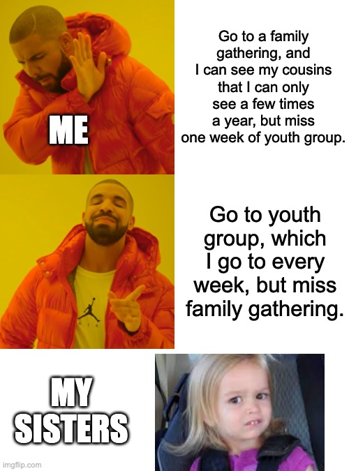 Me cuz I'm weird | Go to a family gathering, and I can see my cousins that I can only see a few times a year, but miss one week of youth group. ME; Go to youth group, which I go to every week, but miss family gathering. MY SISTERS | image tagged in memes,drake hotline bling | made w/ Imgflip meme maker