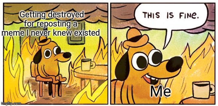 This Is Fine Meme | Getting destroyed for reposting a meme I never knew existed; Me | image tagged in memes,this is fine | made w/ Imgflip meme maker