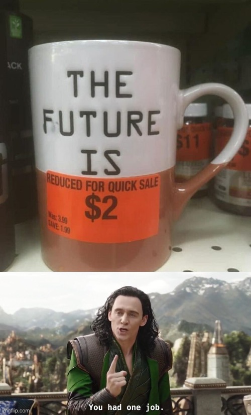 It’s Bad When A Thrift Store Doesn’t Like Our Odds For The Future | image tagged in you had one job,thrift store,funny,memes,mug,reduced for quick sale | made w/ Imgflip meme maker