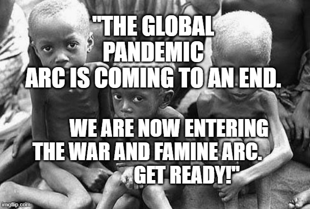 starving africans | "THE GLOBAL PANDEMIC ARC IS COMING TO AN END. WE ARE NOW ENTERING THE WAR AND FAMINE ARC.           
          GET READY!" | image tagged in starving africans | made w/ Imgflip meme maker