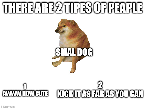 Blank White Template | THERE ARE 2 TIPES OF PEAPLE; SMAL DOG; 2
KICK IT AS FAR AS YOU CAN; 1
 AWWW HOW CUTE | image tagged in blank white template | made w/ Imgflip meme maker