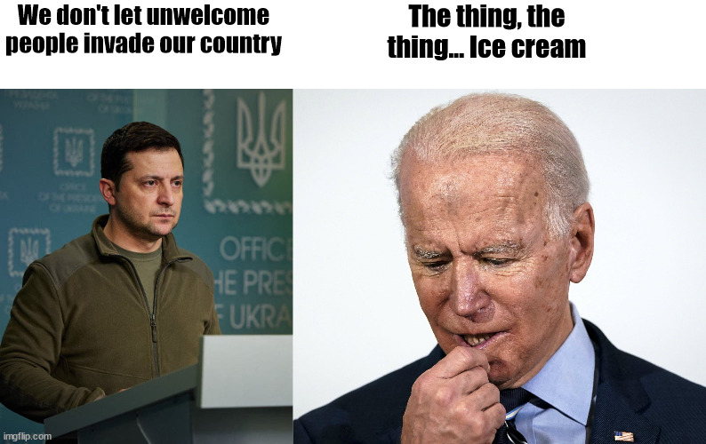 Zelensky | The thing, the thing... Ice cream; We don't let unwelcome people invade our country | image tagged in zelensky,biden | made w/ Imgflip meme maker
