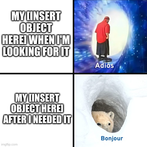 literally anything when you need it | MY [INSERT OBJECT HERE] WHEN I'M LOOKING FOR IT; MY [INSERT OBJECT HERE] AFTER I NEEDED IT | image tagged in adios bonjour | made w/ Imgflip meme maker