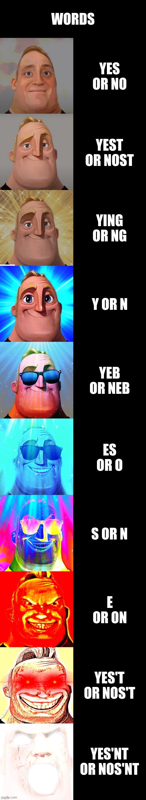 Words | WORDS; YES OR NO; YEST OR NOST; YING OR NG; Y OR N; YEB OR NEB; ES OR O; S OR N; E OR ON; YES'T OR NOS'T; YES'NT OR NOS'NT | image tagged in mr incredible becoming canny | made w/ Imgflip meme maker