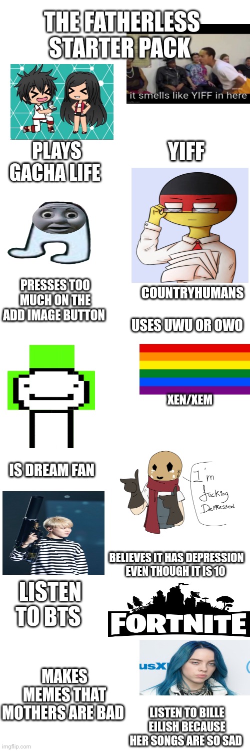 Fatherless | THE FATHERLESS STARTER PACK; YIFF; PLAYS GACHA LIFE; COUNTRYHUMANS; PRESSES TOO MUCH ON THE ADD IMAGE BUTTON; USES UWU OR OWO; XEN/XEM; IS DREAM FAN; BELIEVES IT HAS DEPRESSION EVEN THOUGH IT IS 10; LISTEN TO BTS; MAKES MEMES THAT MOTHERS ARE BAD; LISTEN TO BILLE EILISH BECAUSE HER SONGS ARE SO SAD | image tagged in blank white template | made w/ Imgflip meme maker