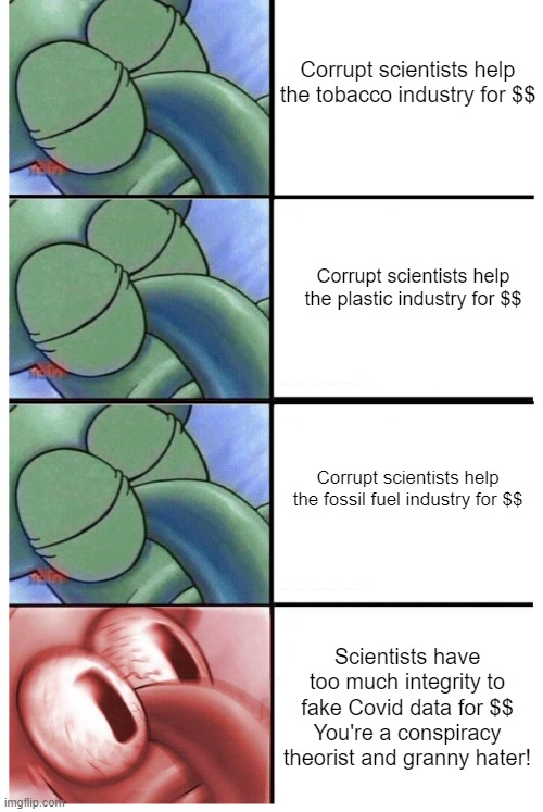 Maybe you're right | Corrupt scientists help the tobacco industry for $$; Corrupt scientists help the plastic industry for $$; Corrupt scientists help the fossil fuel industry for $$; Scientists have too much integrity to fake Covid data for $$
You're a conspiracy theorist and granny hater! | made w/ Imgflip meme maker