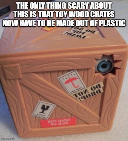 its supposed to be a wood crate ffs... | THE ONLY THING SCARY ABOUT THIS IS THAT TOY WOOD CRATES NOW HAVE TO BE MADE OUT OF PLASTIC | image tagged in x all the y,what does that even mean,anyway,box,plastic,bored | made w/ Imgflip meme maker