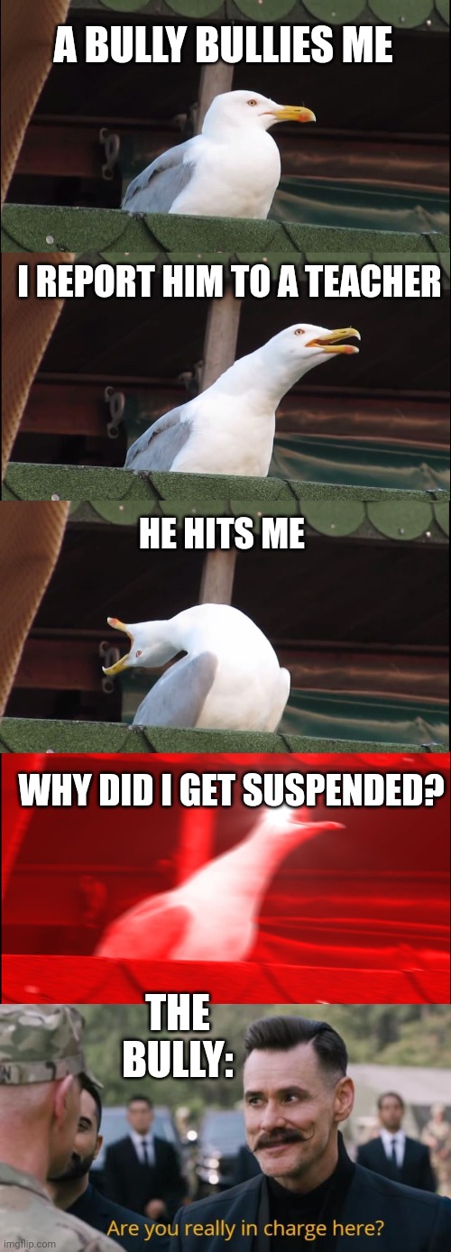 The bully won |  A BULLY BULLIES ME; I REPORT HIM TO A TEACHER; HE HITS ME; WHY DID I GET SUSPENDED? THE BULLY: | image tagged in memes,inhaling seagull,are you really in charge here | made w/ Imgflip meme maker