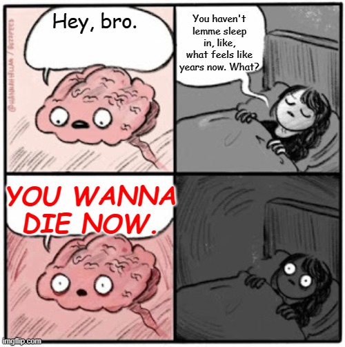 sleep | You haven't lemme sleep in, like, what feels like years now. What? Hey, bro. YOU WANNA DIE NOW. | image tagged in brain before sleep | made w/ Imgflip meme maker