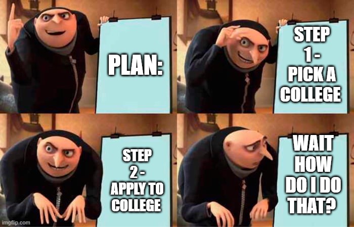 Some Highschool Students Don't Know How to Appy to College | STEP 1 - PICK A COLLEGE; PLAN:; WAIT HOW DO I DO THAT? STEP 2 - APPLY TO COLLEGE | image tagged in despicable me | made w/ Imgflip meme maker