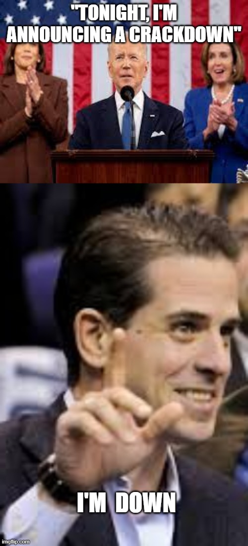 "TONIGHT, I'M ANNOUNCING A CRACKDOWN"; I'M  DOWN | image tagged in joe biden,hunter biden,resident,state of the union | made w/ Imgflip meme maker